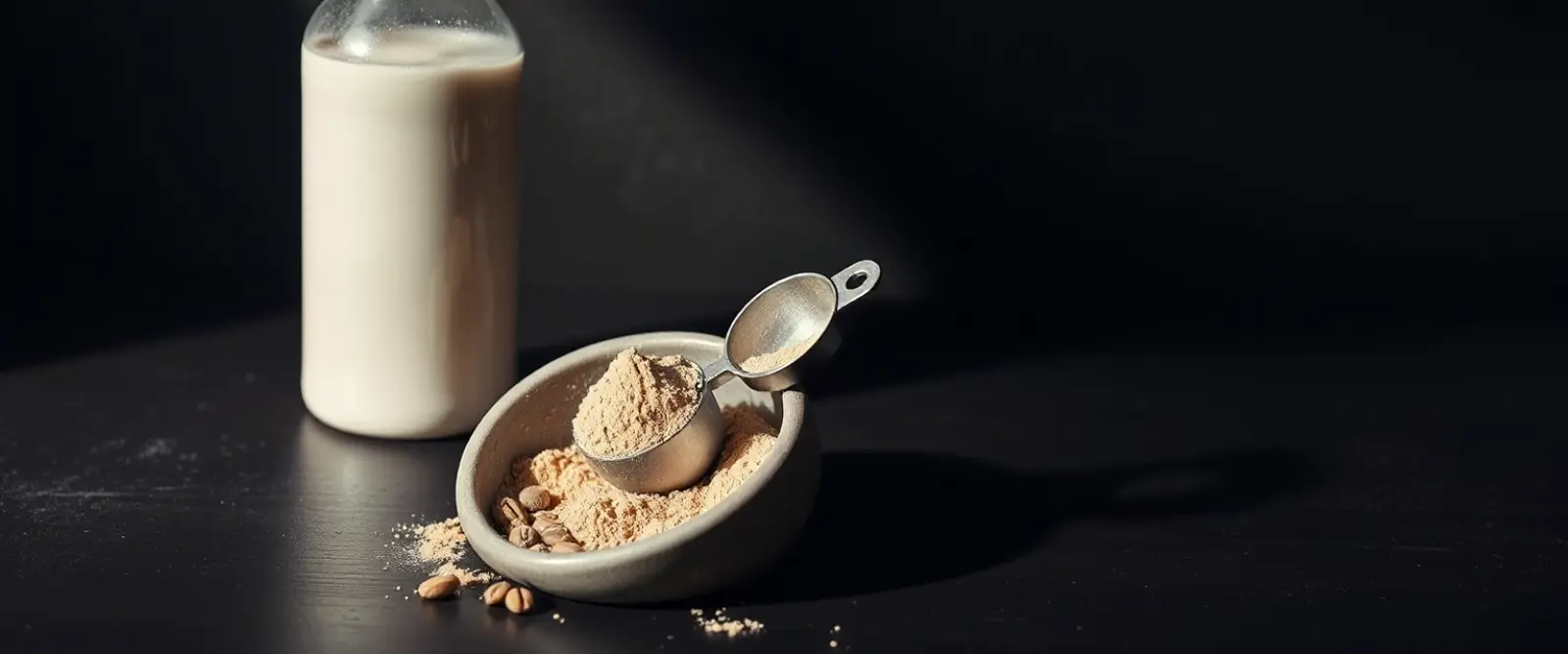 A steel measuring scoop of powder in an open tub, a plain shaker bottle behind it.