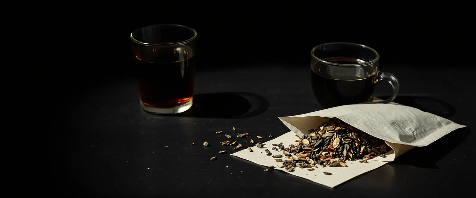 An open paper packet of loose-leaf tea spilling onto a dark table, a glass of brewed tea behind it.