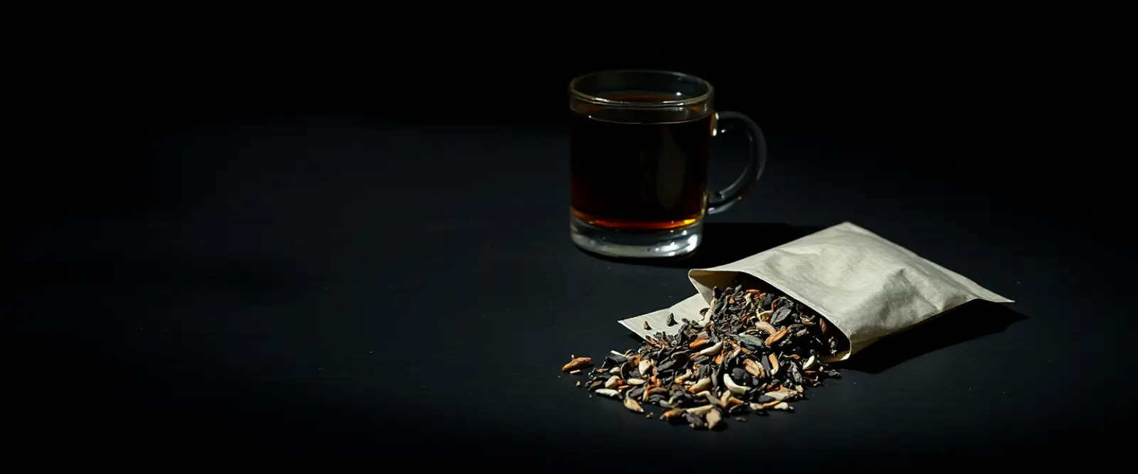 An open paper packet of loose-leaf tea spilling onto a dark table, a glass of brewed tea behind it.