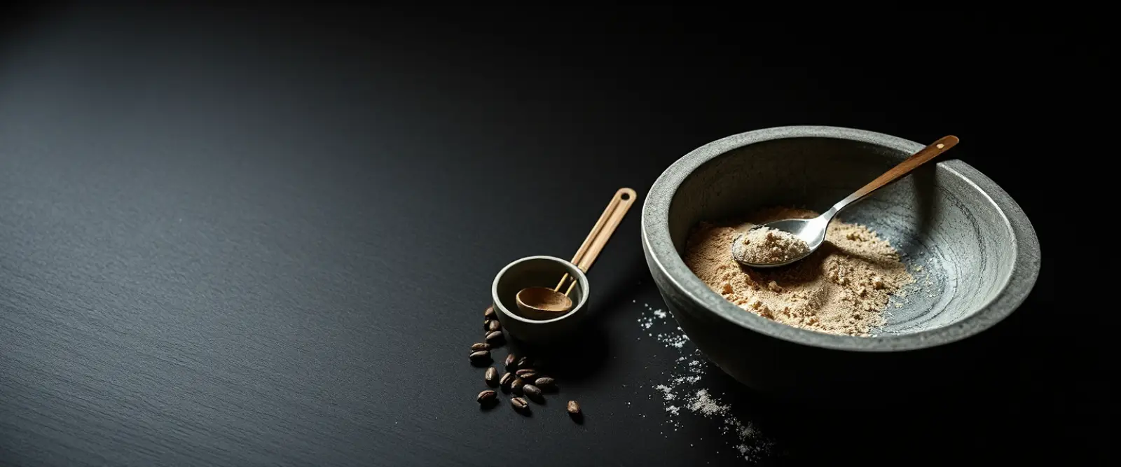 A wide stone bowl of fine tea powder with a bamboo whisk lying beside it.