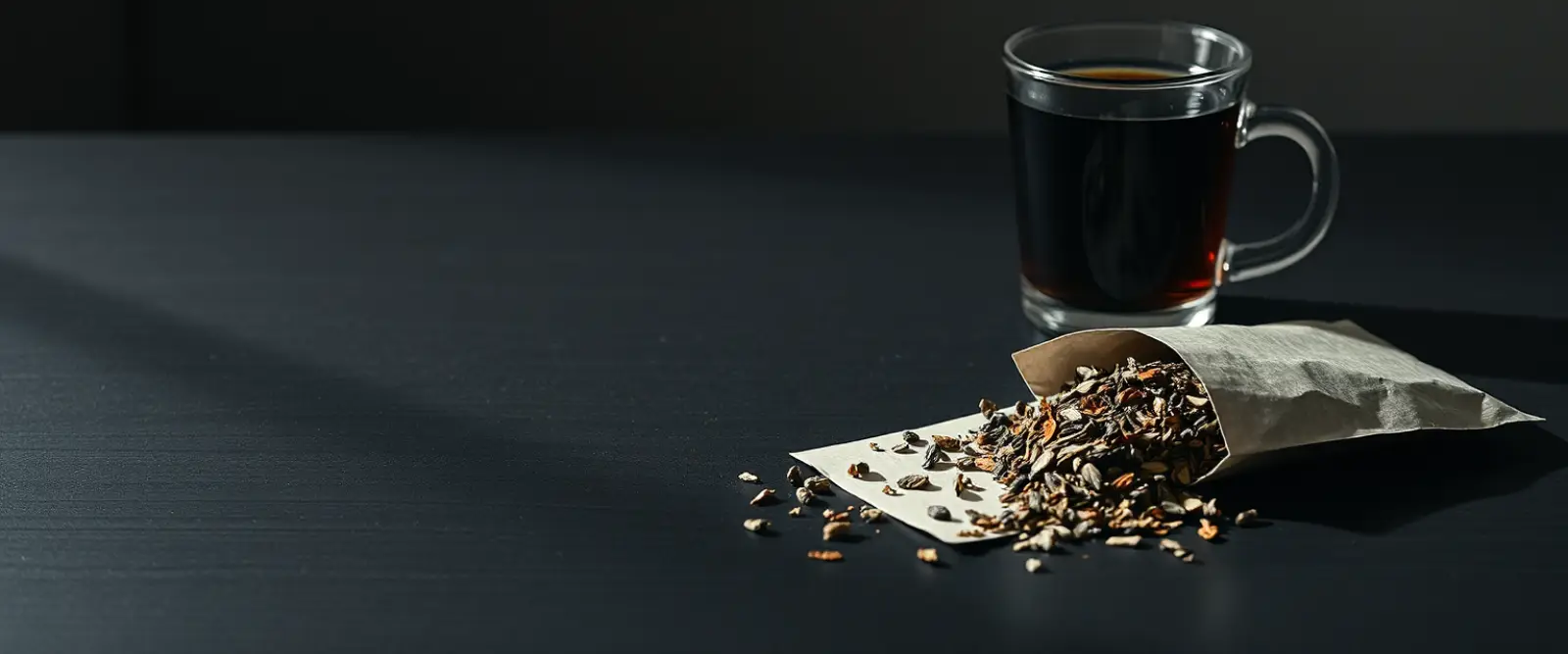 An open paper packet of loose-leaf tea spilling onto a dark table, a glass of brewed tea behind it.