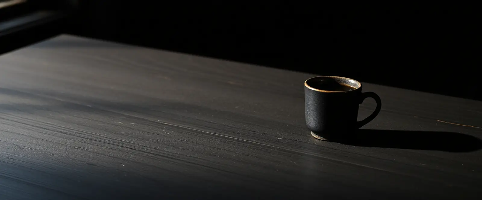 A single dark ceramic cup of black coffee on a wide table in a dim room.