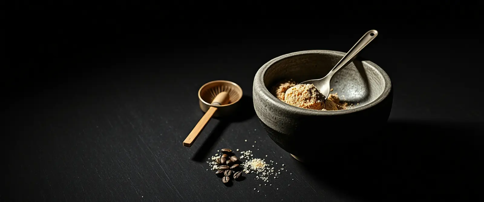 A wide stone bowl of fine tea powder with a bamboo whisk lying beside it.