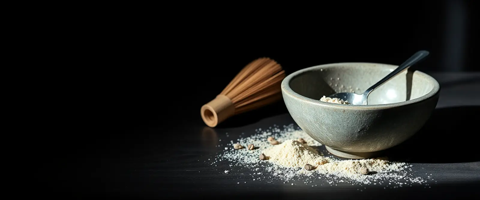 A wide stone bowl of fine tea powder with a bamboo whisk lying beside it.