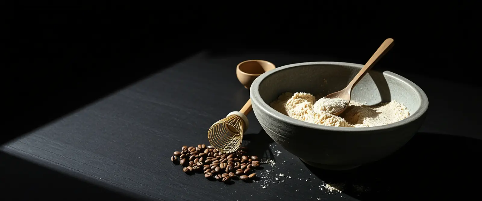 A wide stone bowl of fine tea powder with a bamboo whisk lying beside it.