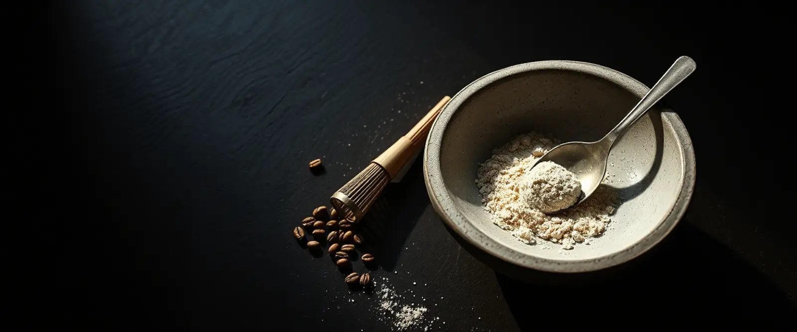 A wide stone bowl of fine tea powder with a bamboo whisk lying beside it.