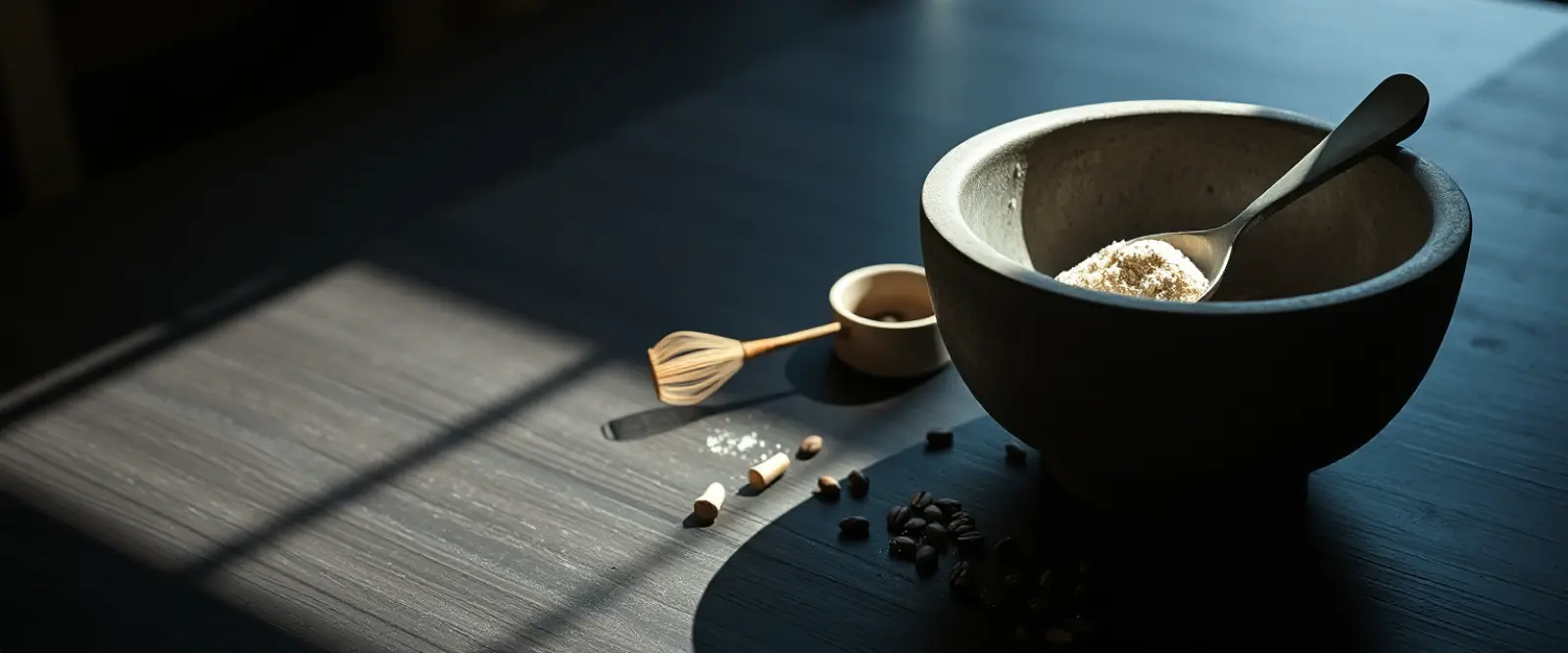 A wide stone bowl of fine tea powder with a bamboo whisk lying beside it.