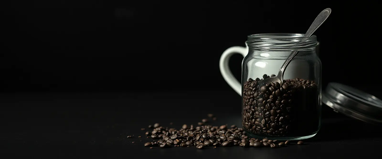 An open glass jar of dark coffee granules with a steel spoon standing in it.