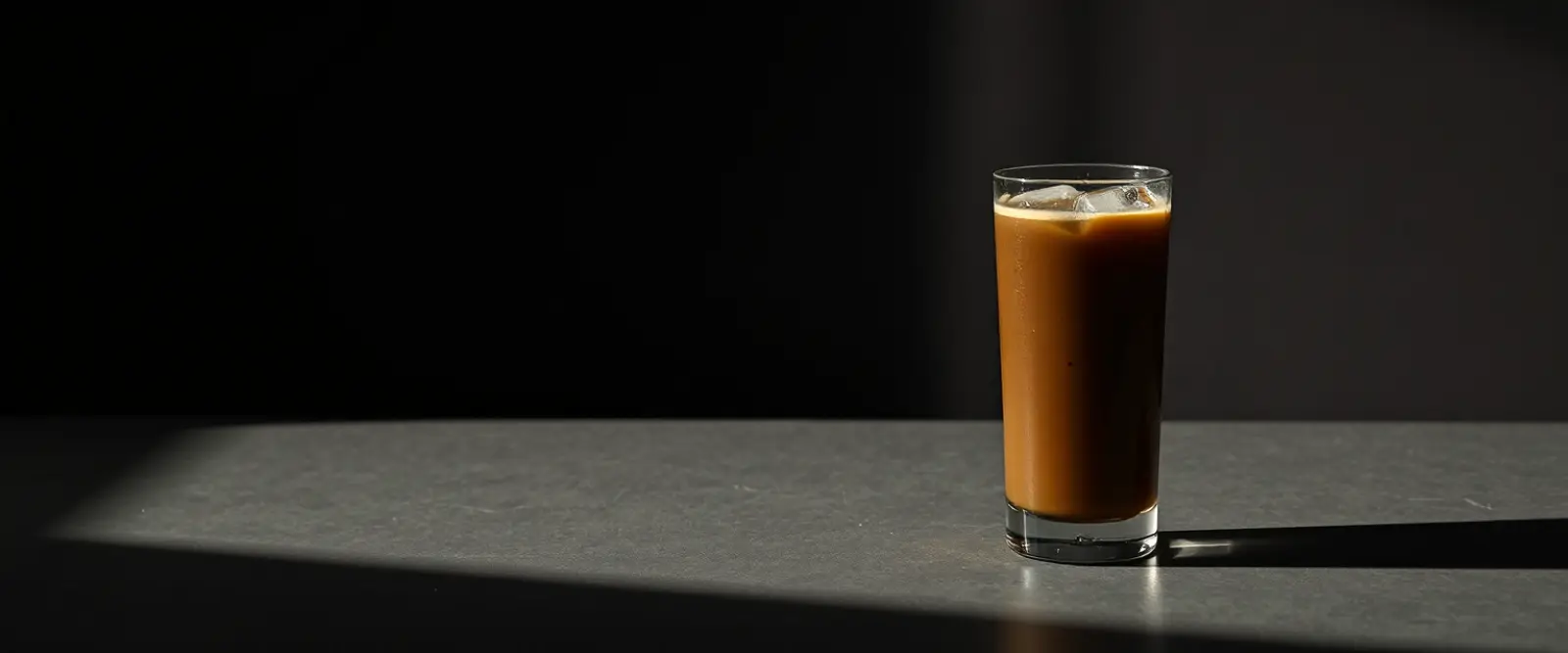 A tall glass of very dark iced coffee on a counter, beaded with condensation.