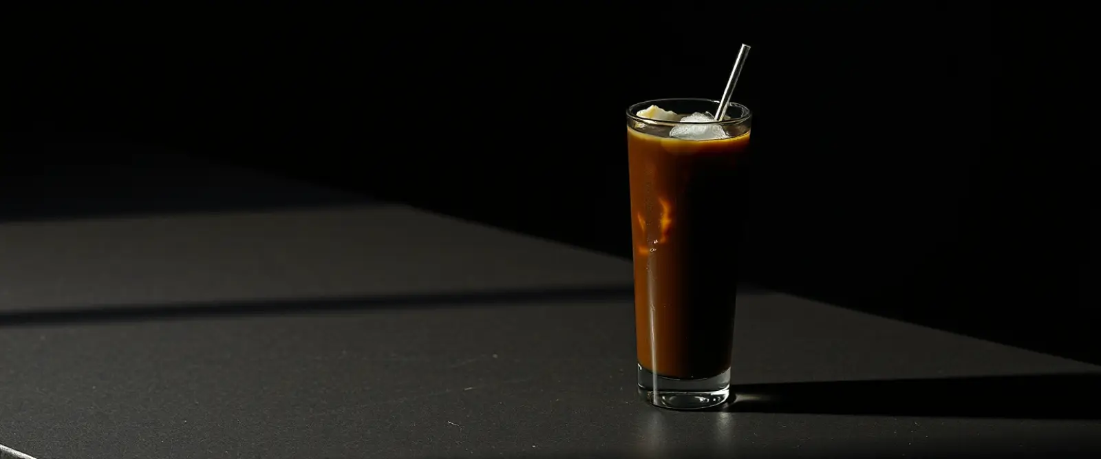 A tall glass of very dark iced coffee on a counter, beaded with condensation.