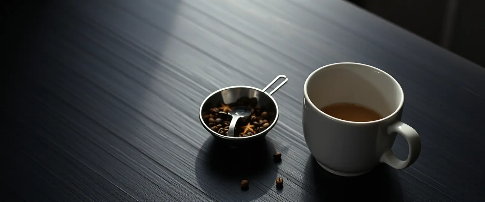 A wide ceramic cup beside a small dish of whole spices and a strainer.