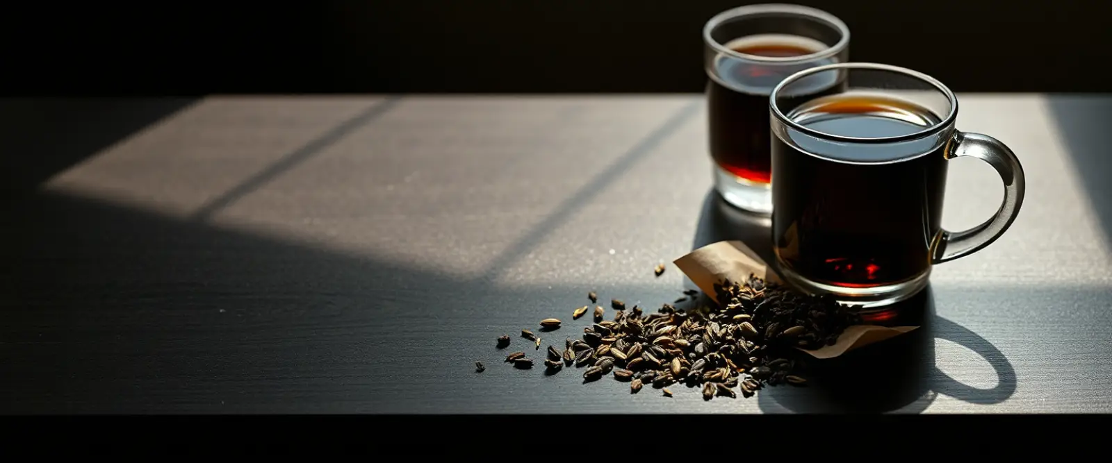 An open paper packet of loose-leaf tea spilling onto a dark table, a glass of brewed tea behind it.