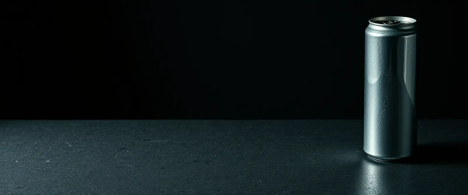 A plain unlabelled aluminium can on a dark concrete surface, its shadow long across the frame.