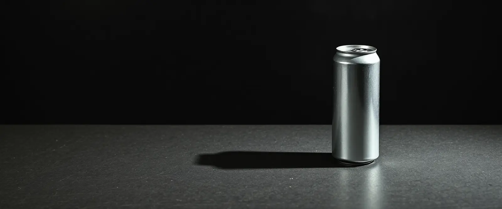 A plain unlabelled aluminium can on a dark concrete surface, its shadow long across the frame.
