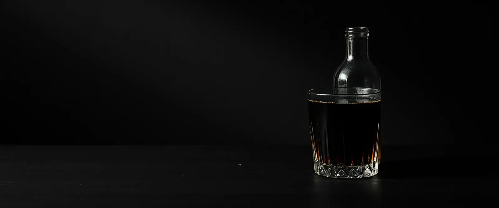An unlabelled glass bottle and a cut-glass tumbler of a very dark drink.