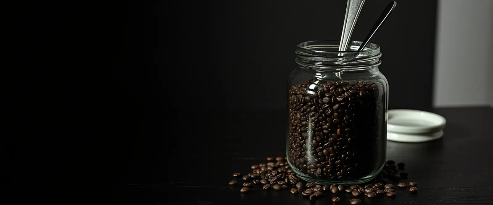 An open glass jar of dark coffee granules with a steel spoon standing in it.
