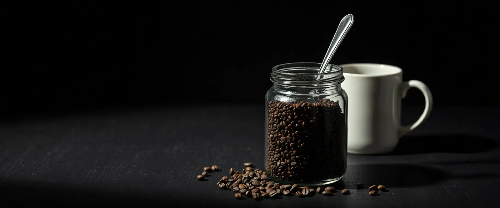 An open glass jar of dark coffee granules with a steel spoon standing in it.