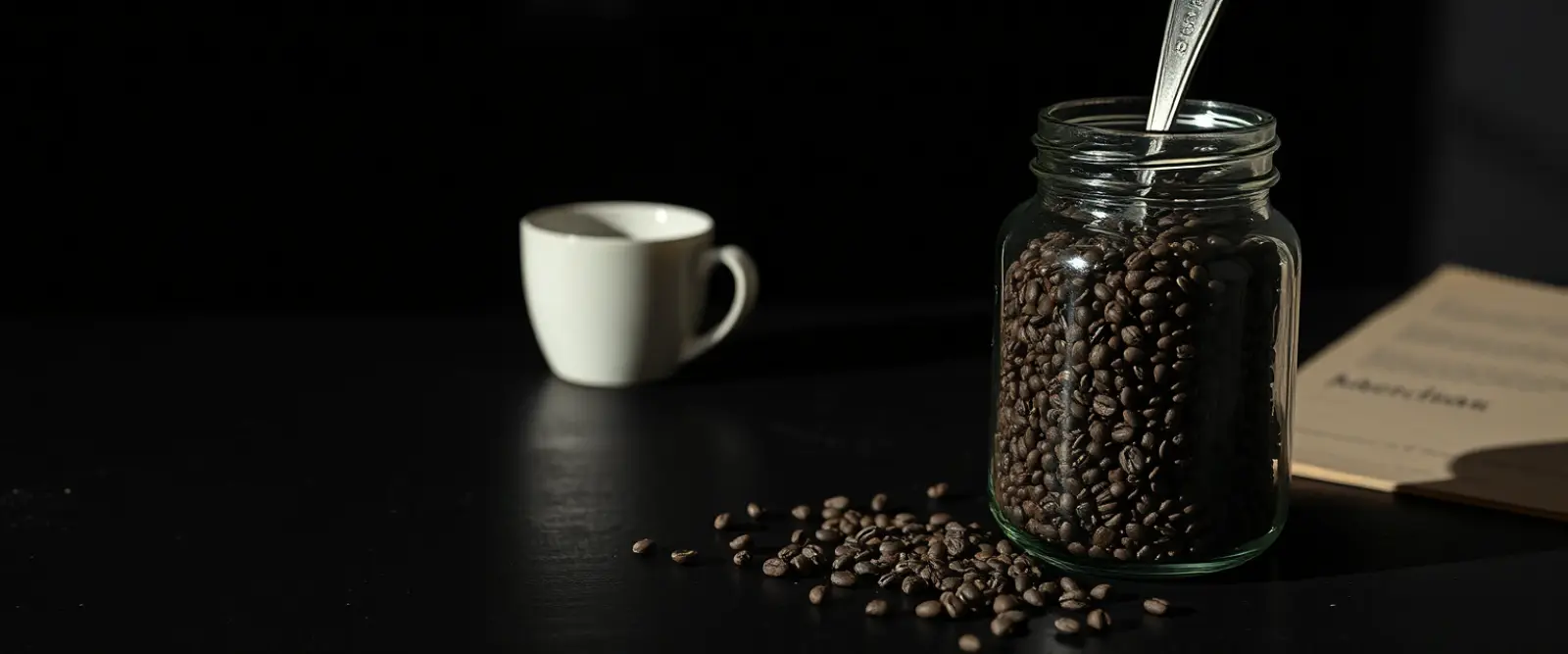 An open glass jar of dark coffee granules with a steel spoon standing in it.