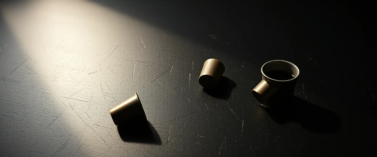 Three coffee capsules and a small dark cup on a table, lit from one side.