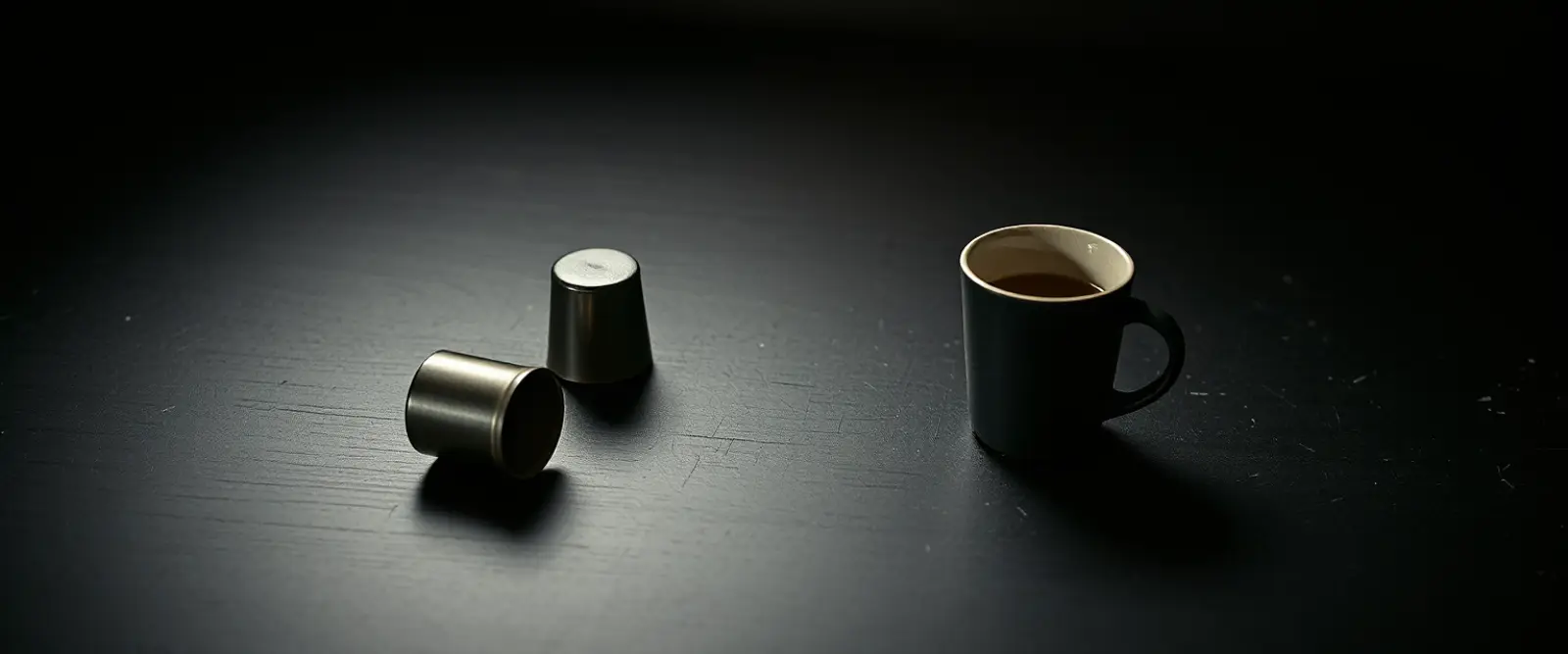 Three coffee capsules and a small dark cup on a table, lit from one side.
