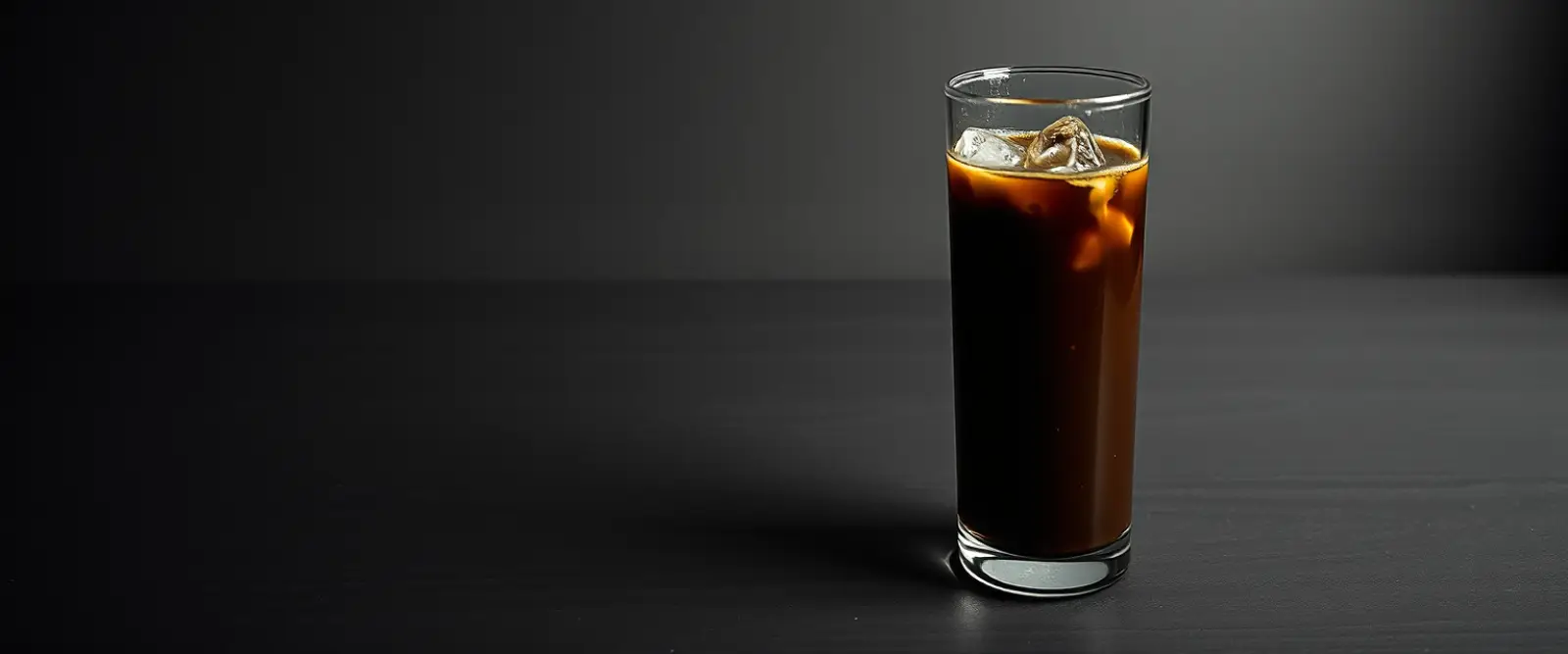 A tall glass of very dark iced coffee on a counter, beaded with condensation.