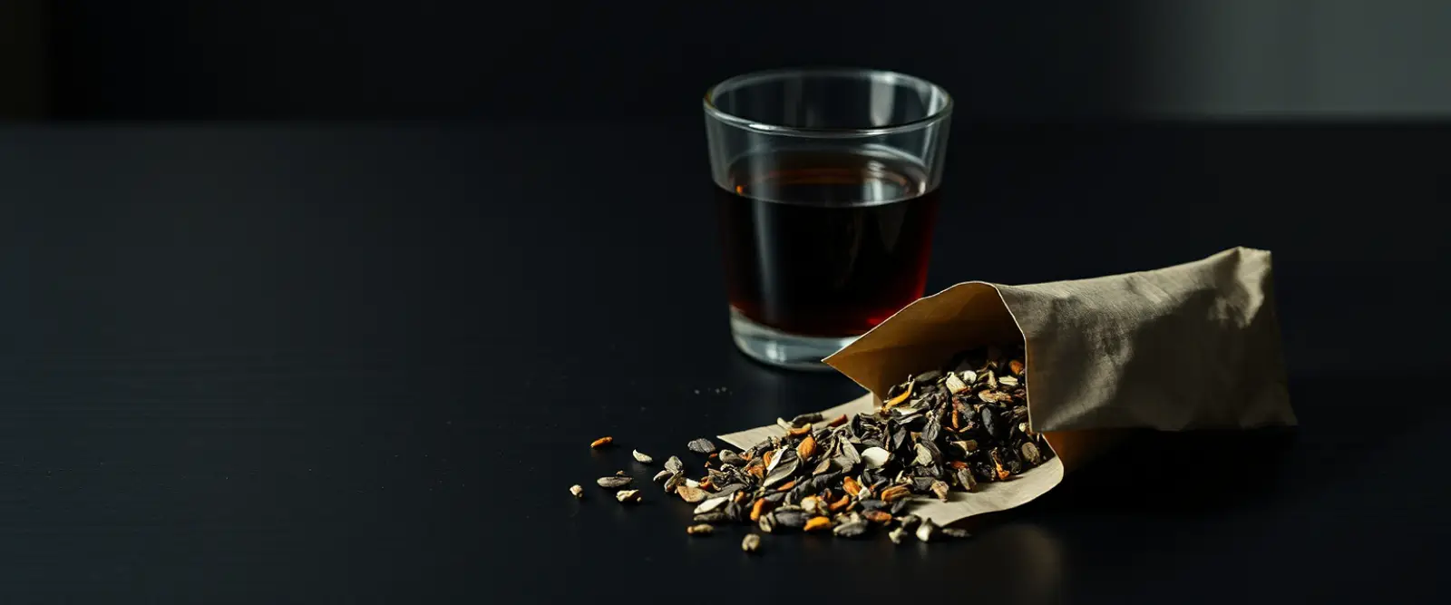 An open paper packet of loose-leaf tea spilling onto a dark table, a glass of brewed tea behind it.