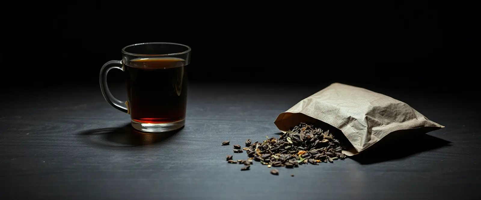 An open paper packet of loose-leaf tea spilling onto a dark table, a glass of brewed tea behind it.