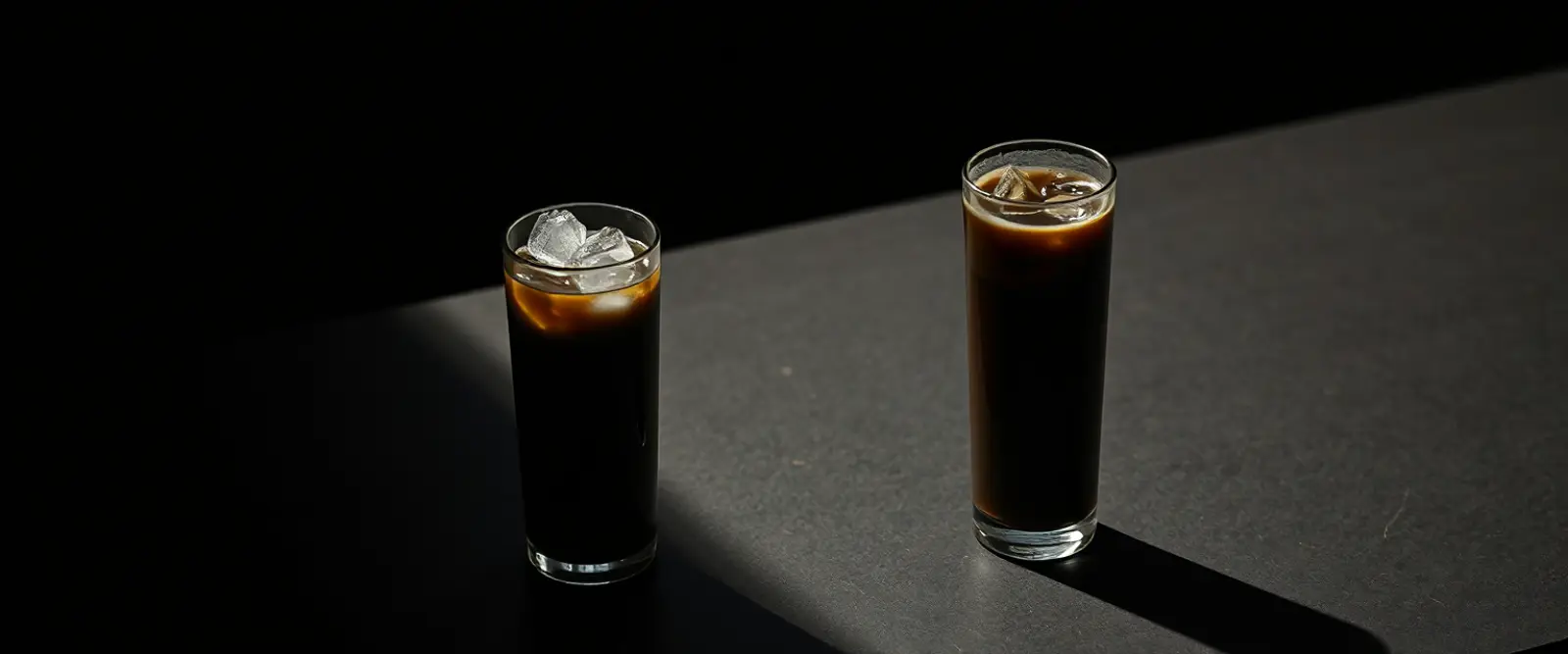 A tall glass of very dark iced coffee on a counter, beaded with condensation.