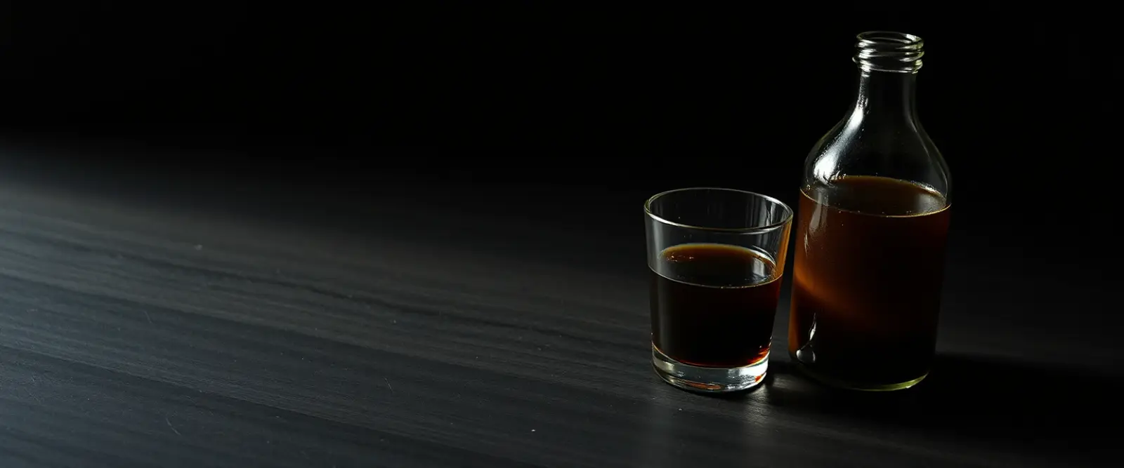 An unlabelled glass bottle and a cut-glass tumbler of a very dark drink.