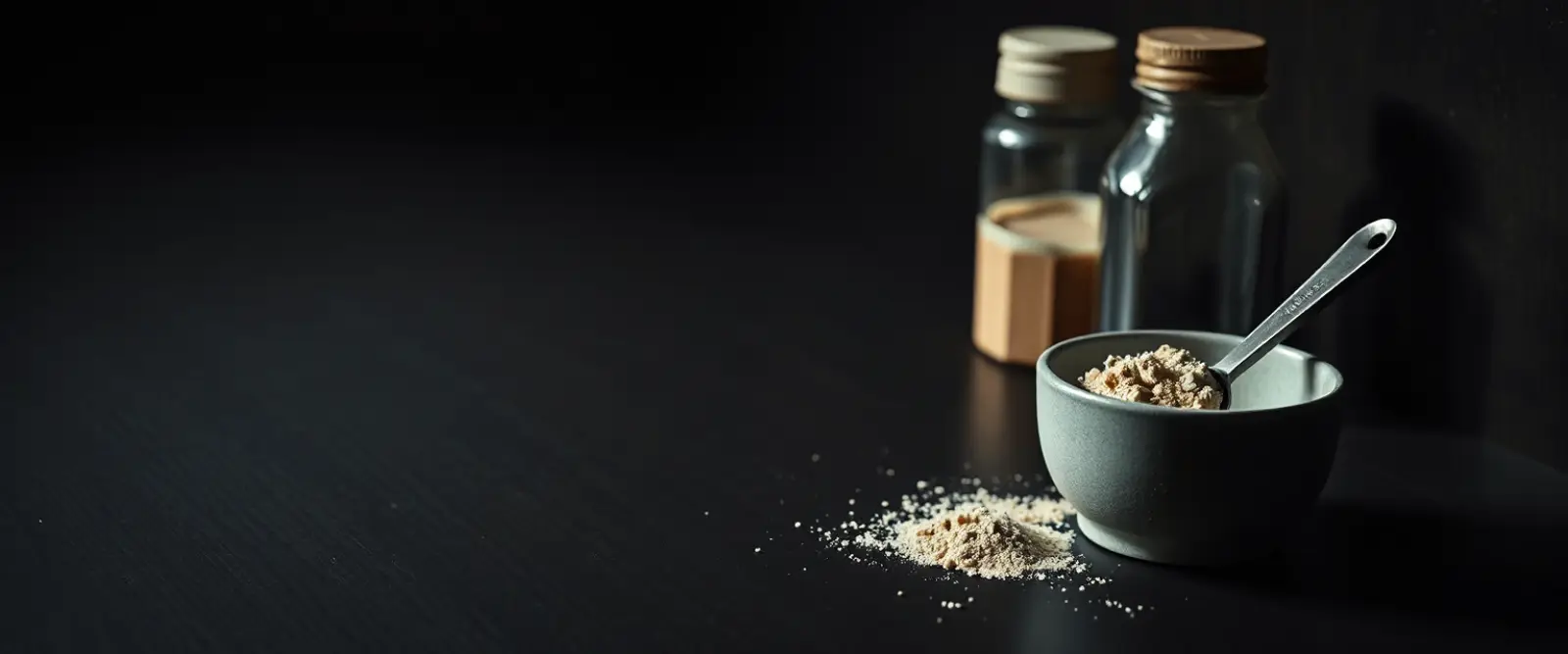 A steel measuring scoop of powder in an open tub, a plain shaker bottle behind it.