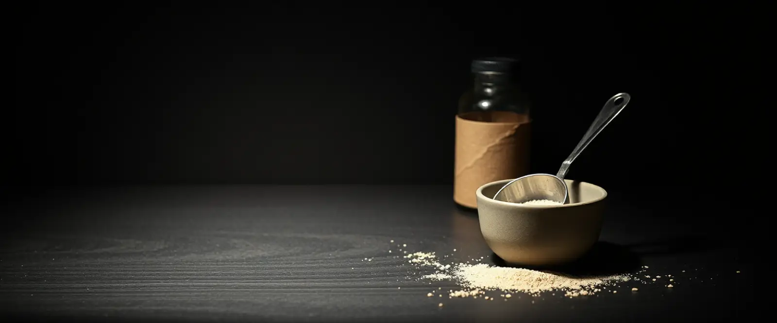 A steel measuring scoop of powder in an open tub, a plain shaker bottle behind it.