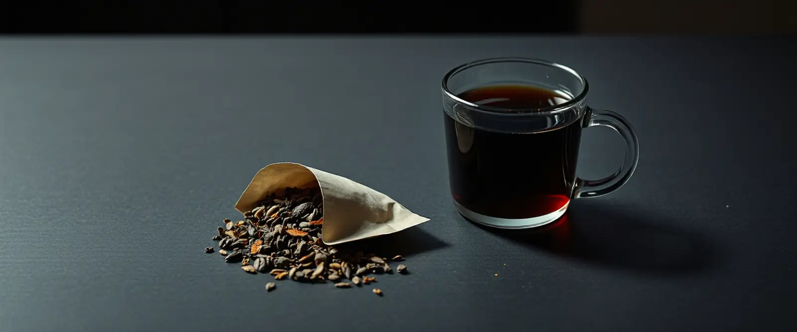 An open paper packet of loose-leaf tea spilling onto a dark table, a glass of brewed tea behind it.