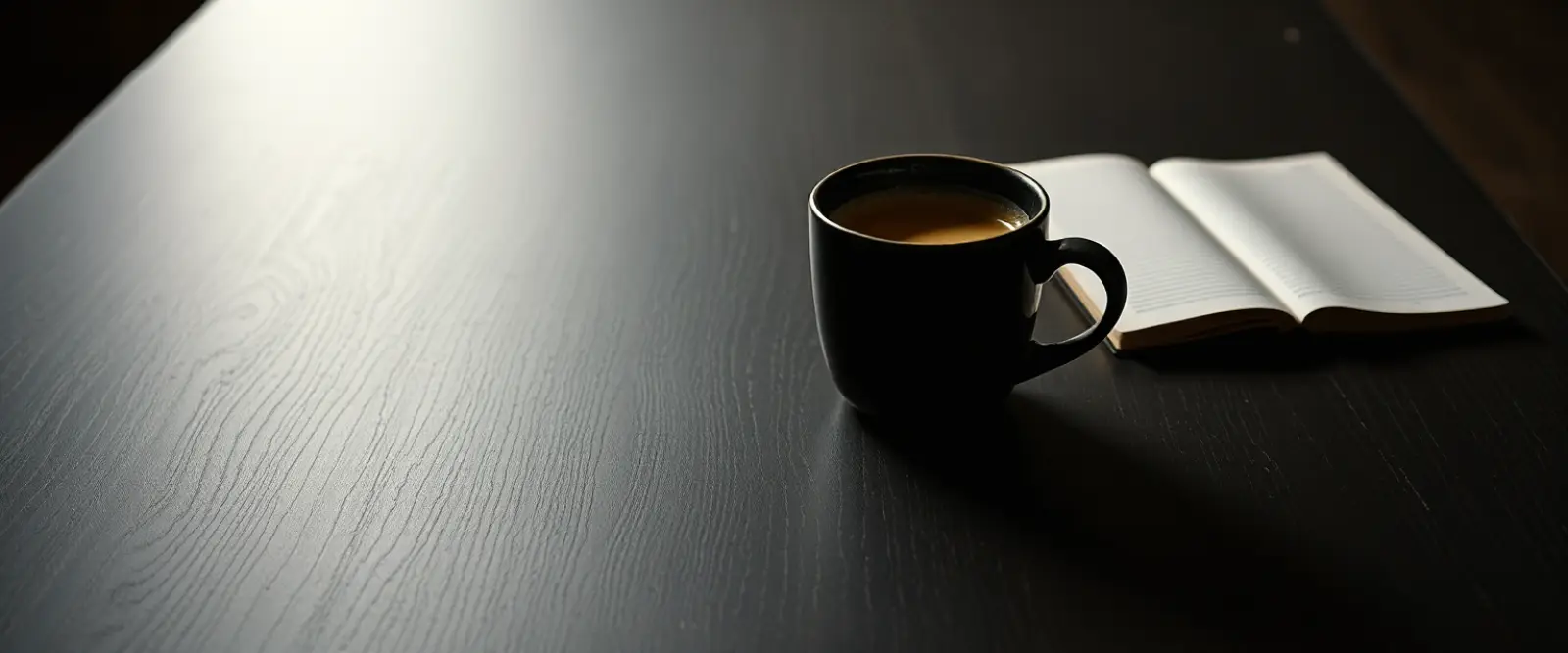 An untouched cup of coffee at the edge of a wide empty table beside a closed notebook.