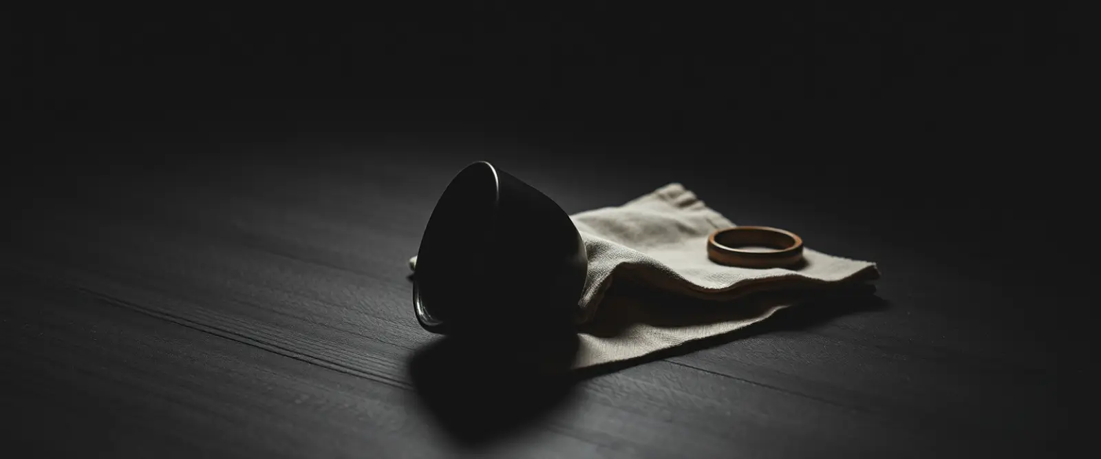 An empty dark cup turned upside down on a folded linen cloth, a dry ring on the wood beside it.