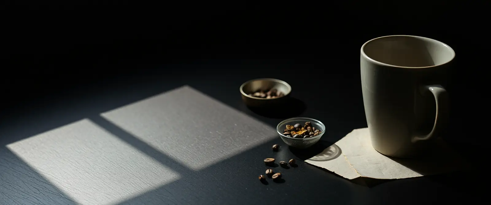 A wide ceramic cup beside a small dish of whole spices and a strainer.