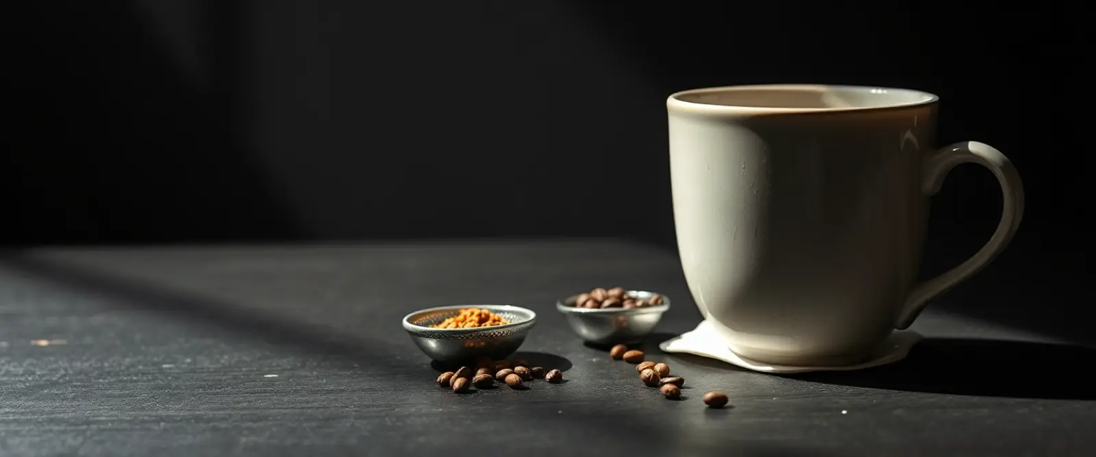 A wide ceramic cup beside a small dish of whole spices and a strainer.