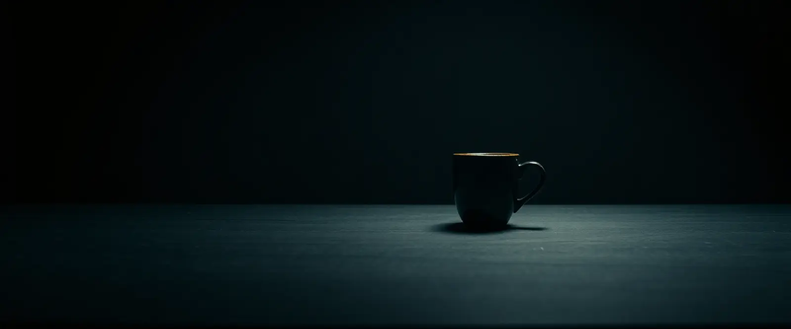 A single dark ceramic cup of black coffee on a wide table in a dim room.