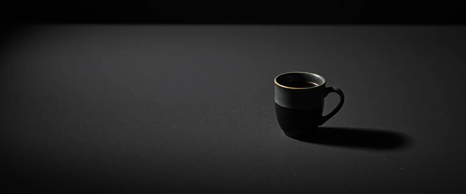 A single dark ceramic cup of black coffee on a wide table in a dim room.