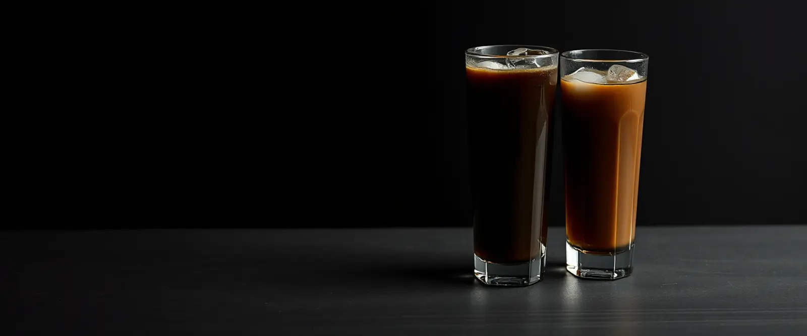A tall glass of very dark iced coffee on a counter, beaded with condensation.