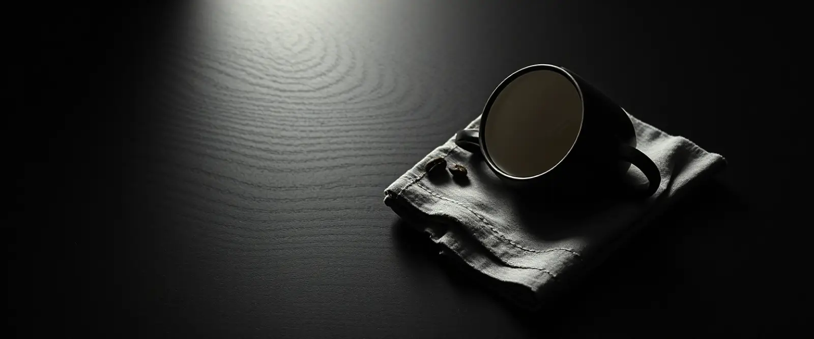 An empty dark cup turned upside down on a folded linen cloth, a dry ring on the wood beside it.
