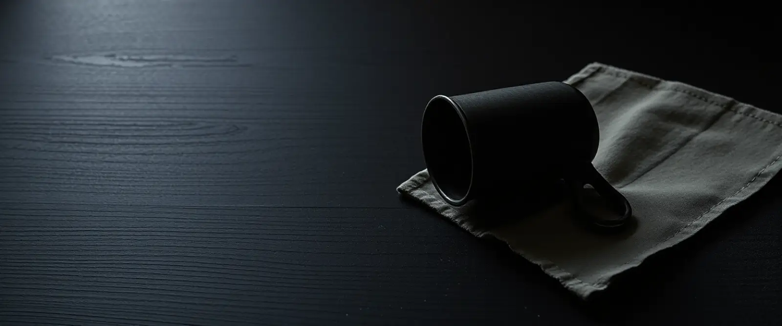 An empty dark cup turned upside down on a folded linen cloth, a dry ring on the wood beside it.