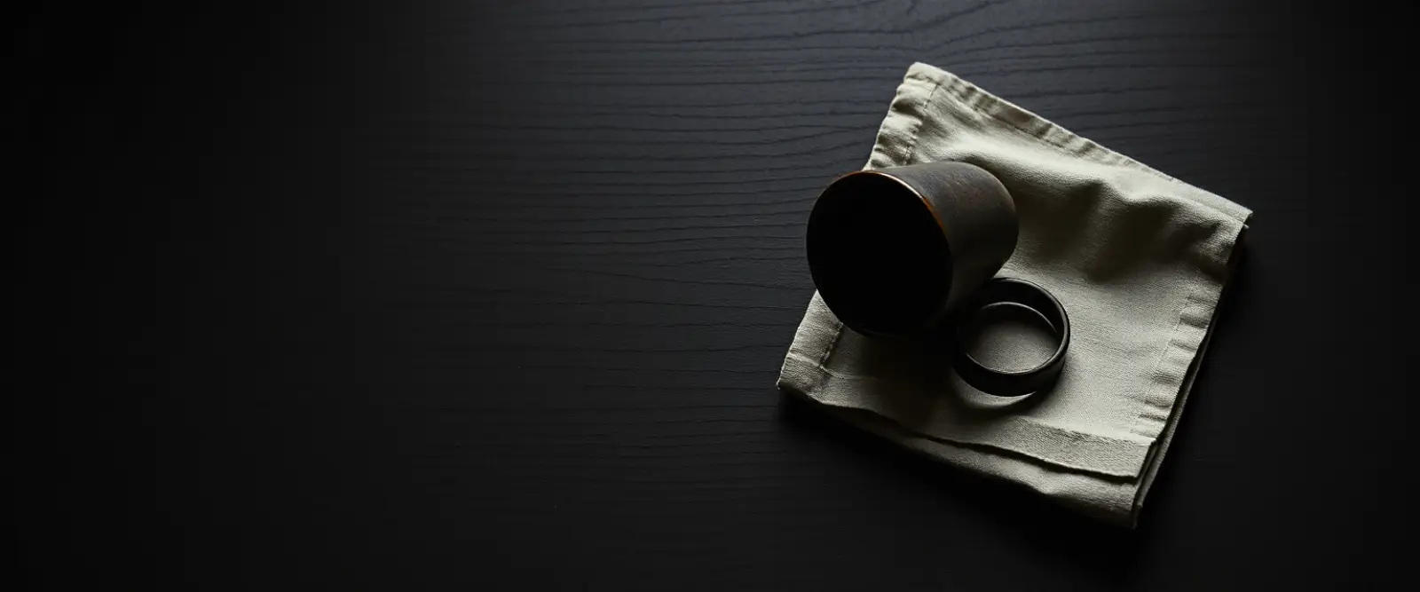 An empty dark cup turned upside down on a folded linen cloth, a dry ring on the wood beside it.
