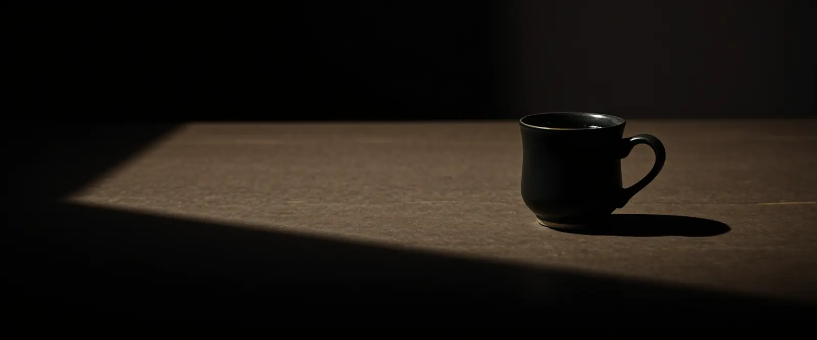 A single dark ceramic cup of black coffee on a wide table in a dim room.