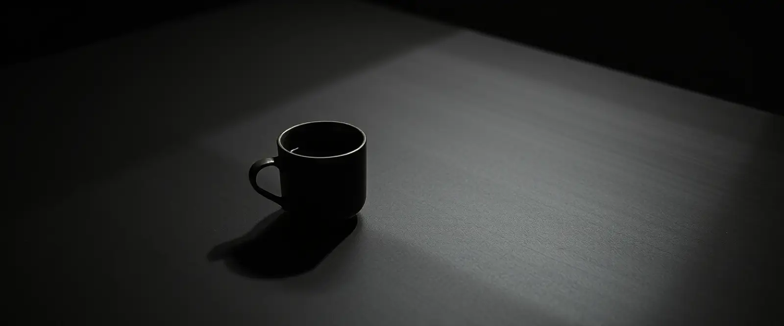 A single dark ceramic cup of black coffee on a wide table in a dim room.