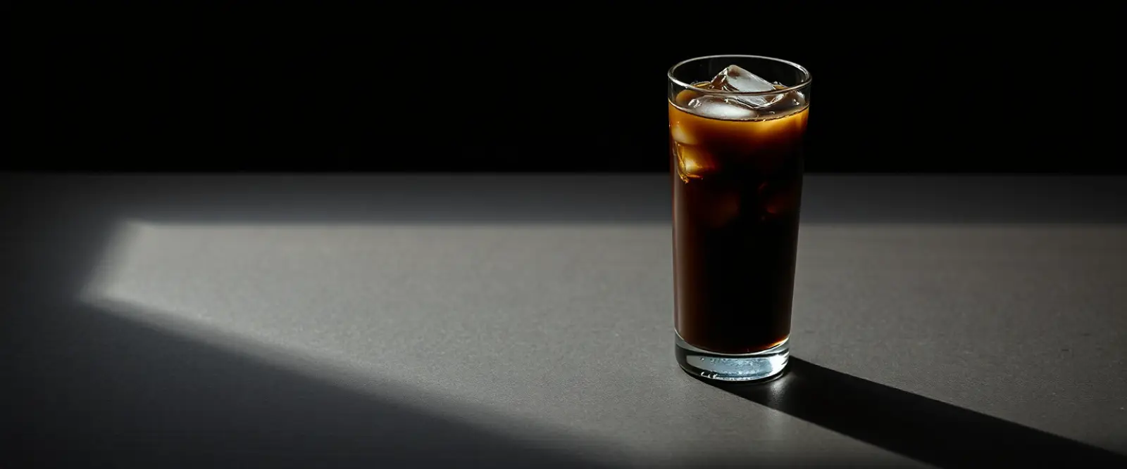 A tall glass of very dark iced coffee on a counter, beaded with condensation.