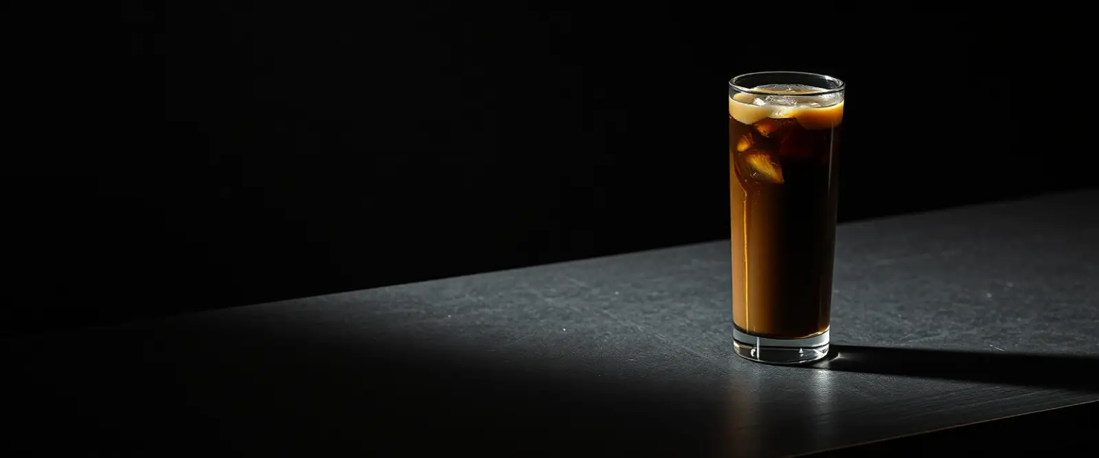 A tall glass of very dark iced coffee on a counter, beaded with condensation.