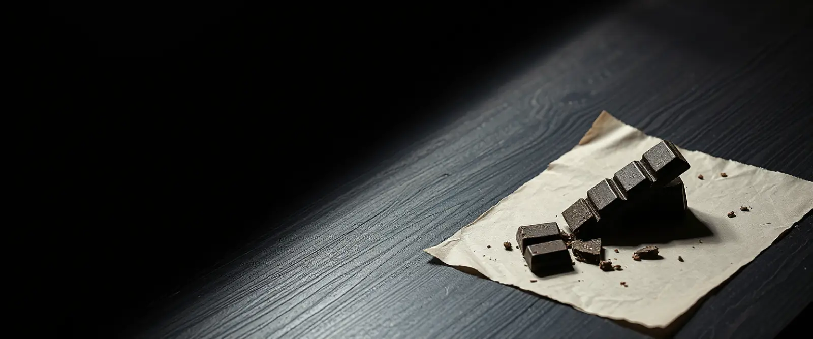 A bar of very dark chocolate broken into pieces on a sheet of matte paper.
