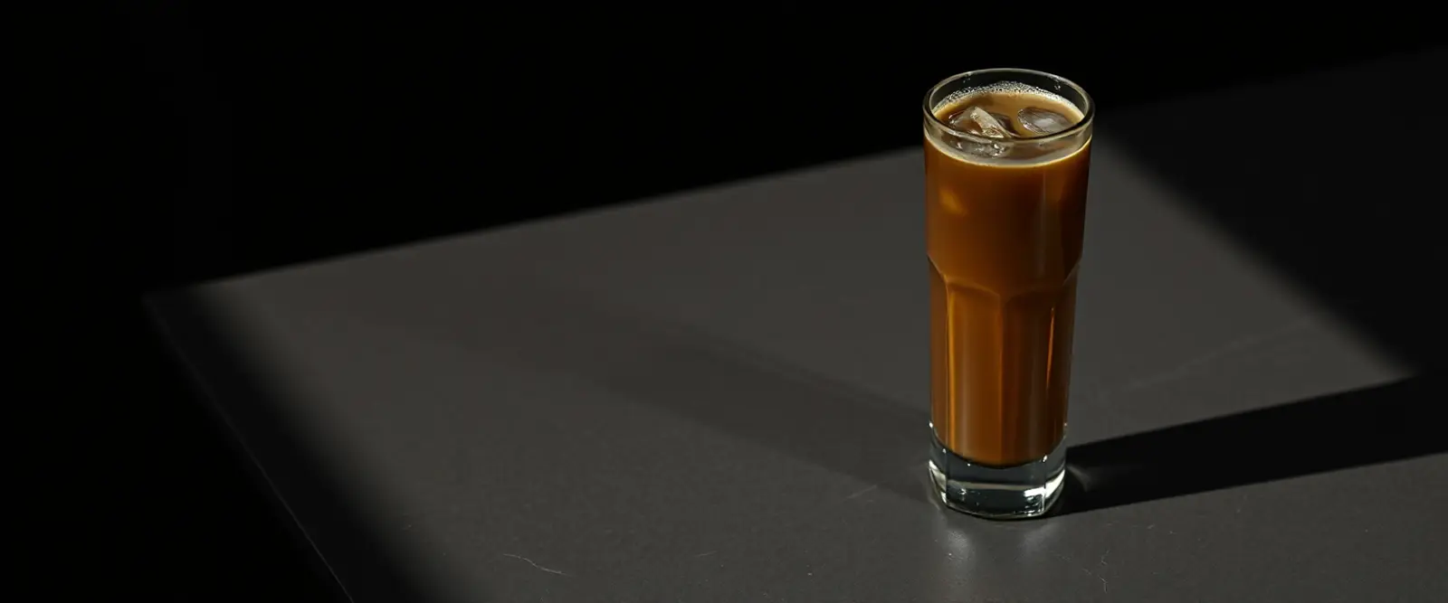 A tall glass of very dark iced coffee on a counter, beaded with condensation.