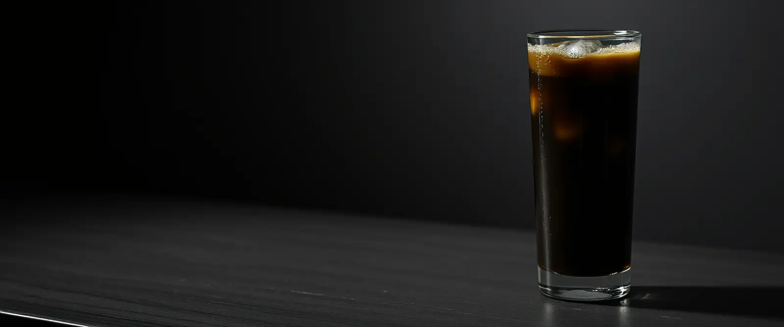 A tall glass of very dark iced coffee on a counter, beaded with condensation.