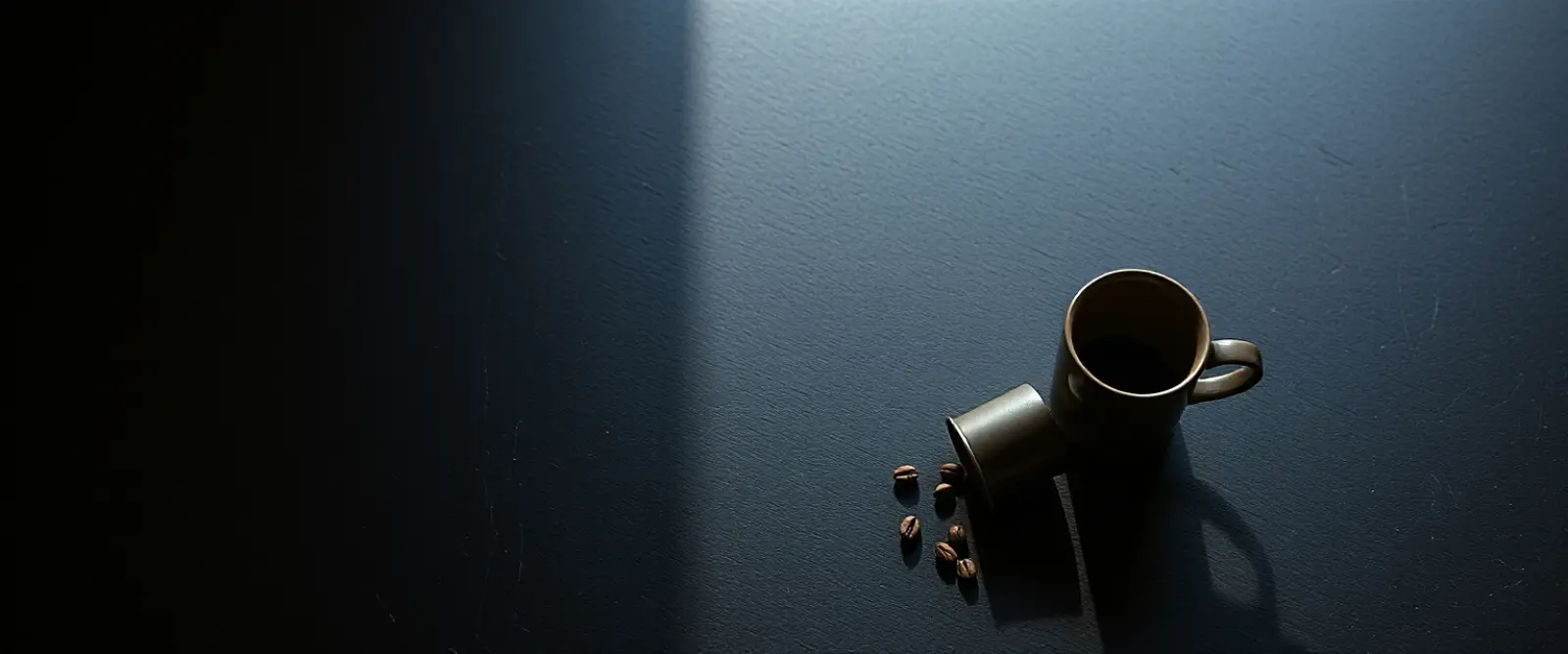 Three coffee capsules and a small dark cup on a table, lit from one side.